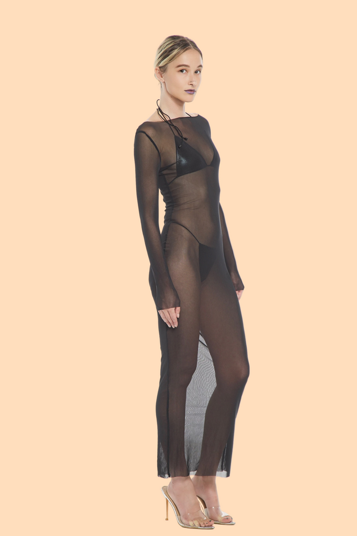 Long Sleeve Mesh Pleating Adjustable Dress