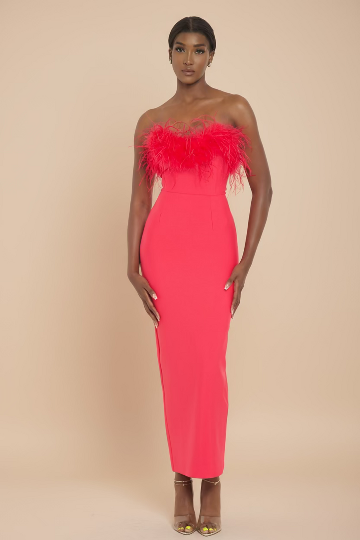Strapless Feather Midi Dress