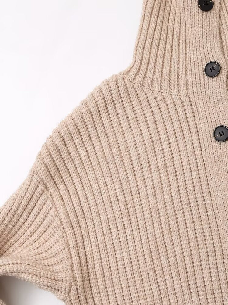 Long Knitted Button Down High Collar Cardigan