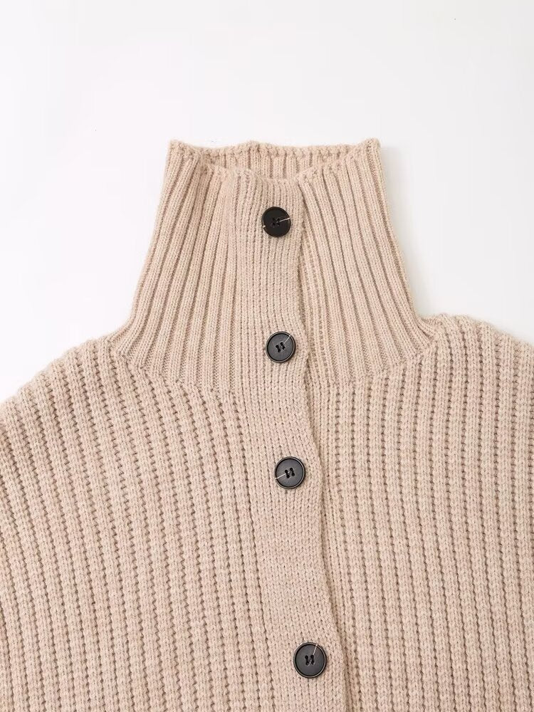Long Knitted Button Down High Collar Cardigan