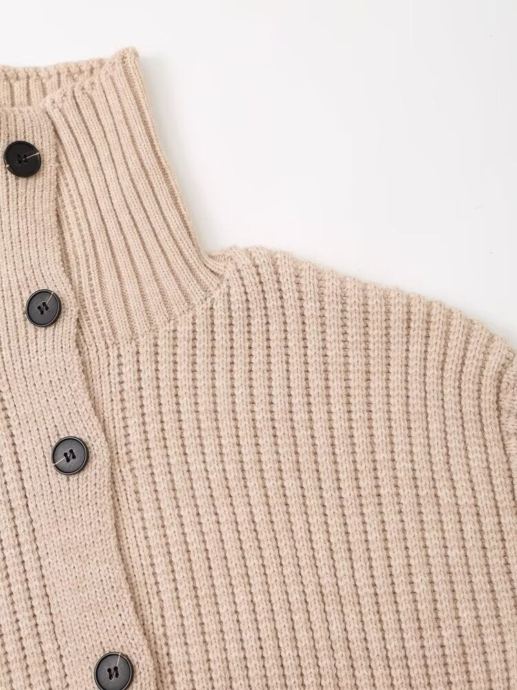 Long Knitted Button Down High Collar Cardigan