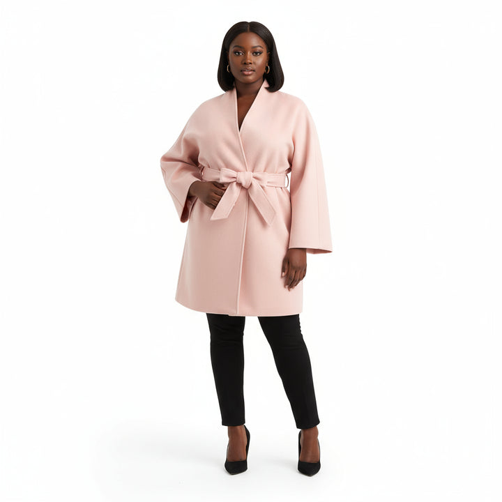 Plush Pink Tie Waist High Neck Overcoat