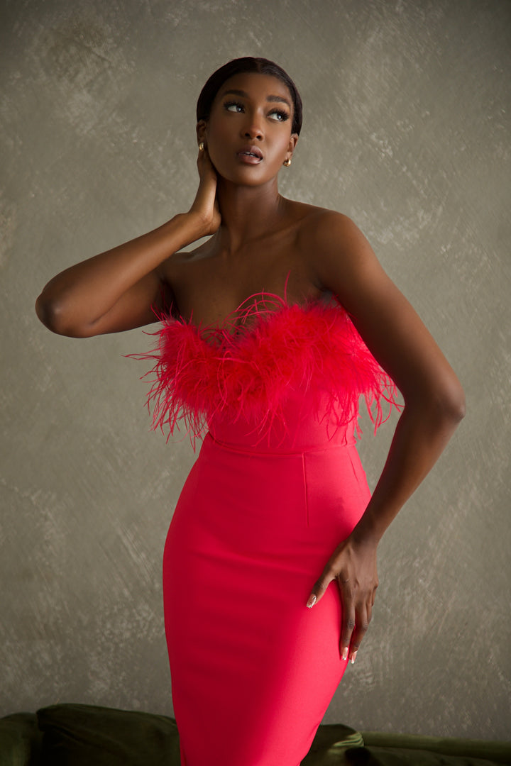 Strapless Feather Midi Dress