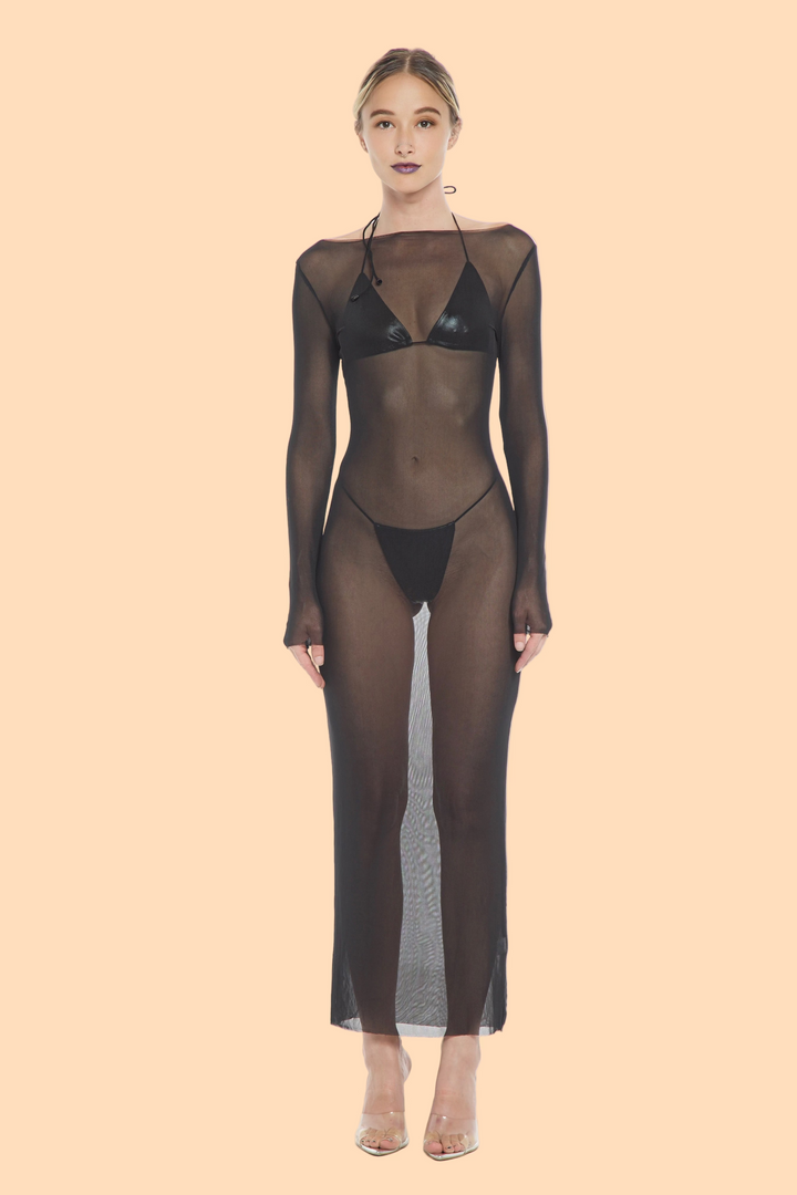 Long Sleeve Mesh Pleating Adjustable Dress