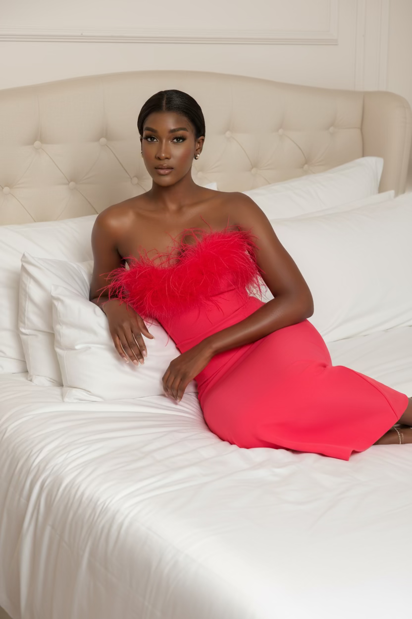 Strapless Feather Midi Dress