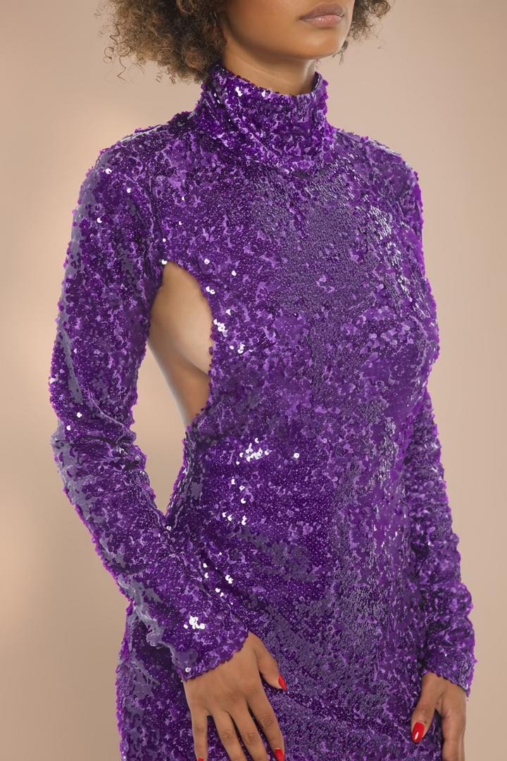 Mock Neck Sequin Backless Dress