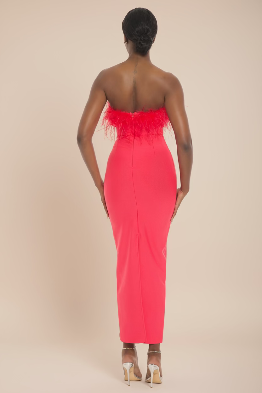 Strapless Feather Midi Dress