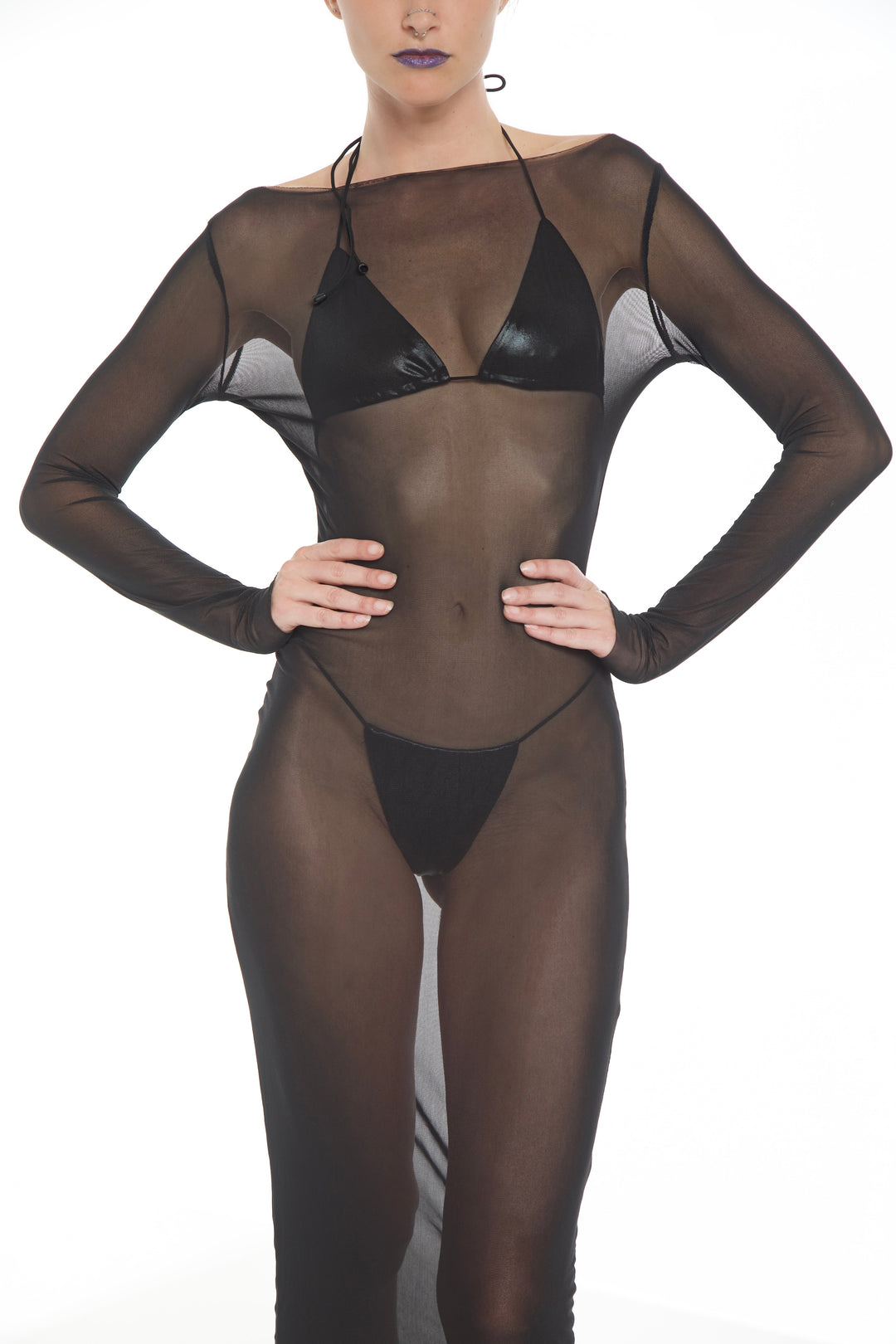 Long Sleeve Mesh Pleating Adjustable Dress