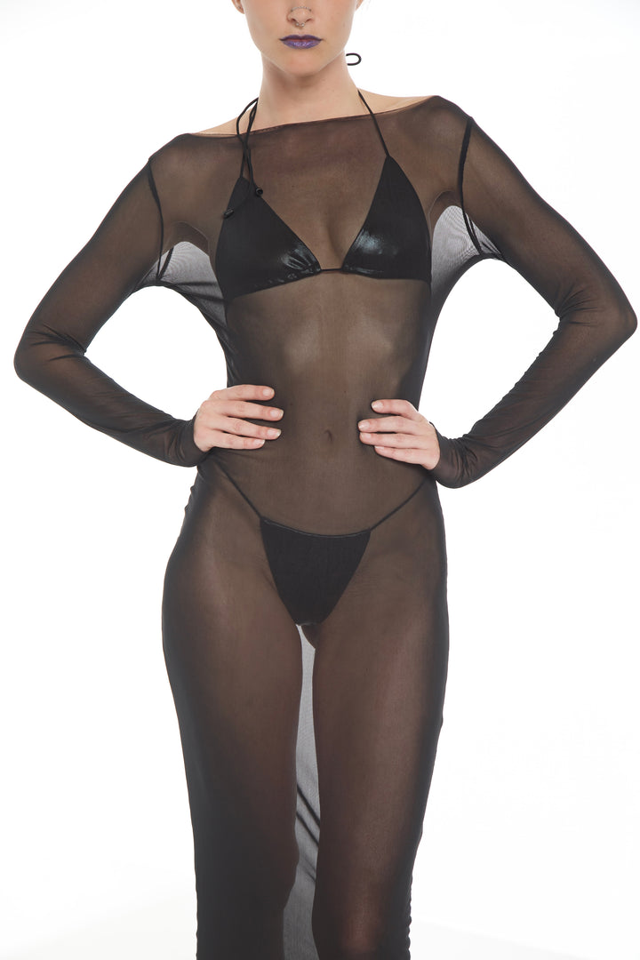 Long Sleeve Mesh Pleating Adjustable Dress