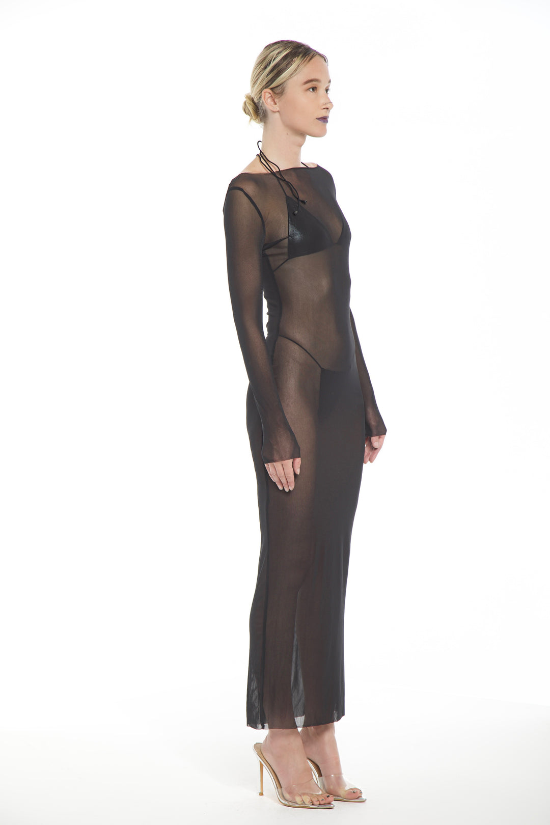 Long Sleeve Mesh Pleating Adjustable Dress