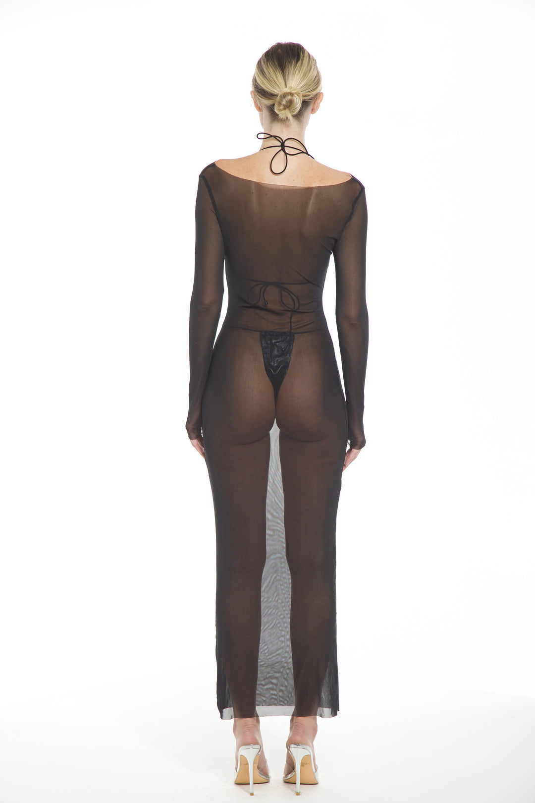 Long Sleeve Mesh Pleating Adjustable Dress