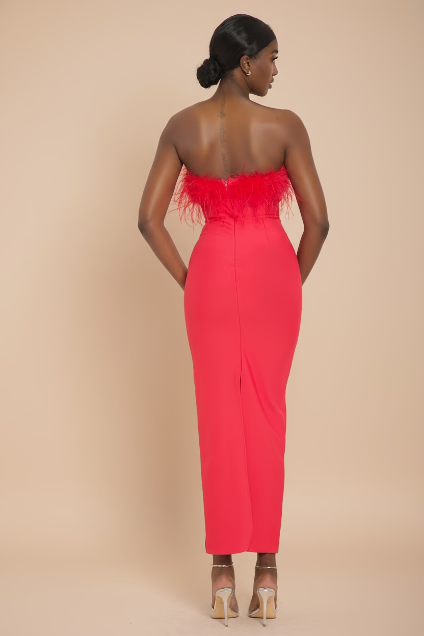 Strapless Feather Midi Dress