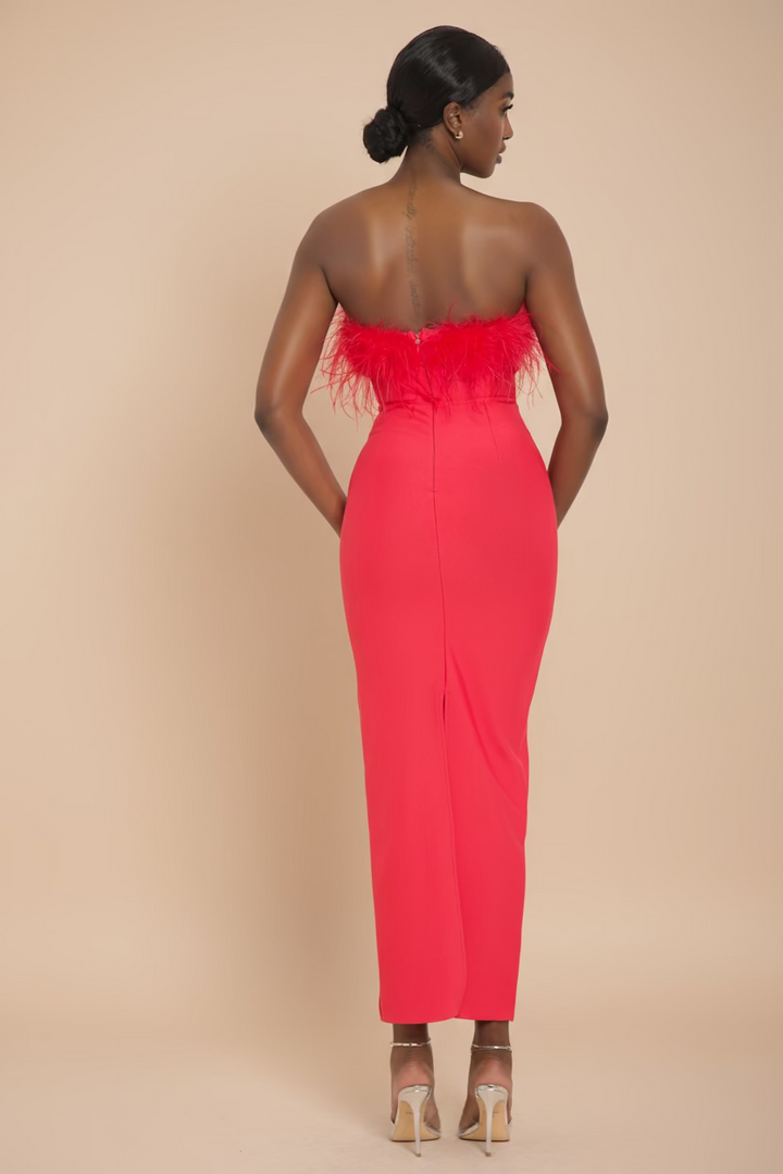 Strapless Feather Midi Dress