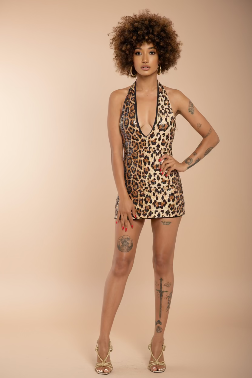 Halter Leopard Print Deep V Dress