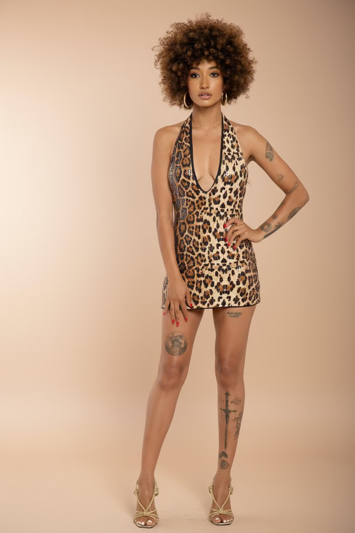 Halter Leopard Print Deep V Dress