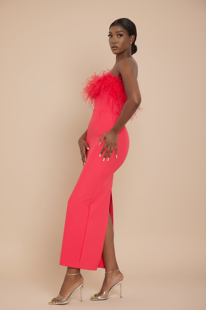 Strapless Feather Midi Dress