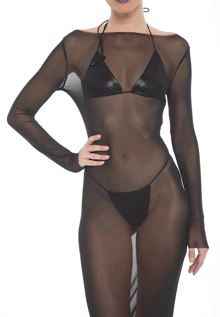 Long Sleeve Mesh Pleating Adjustable Dress