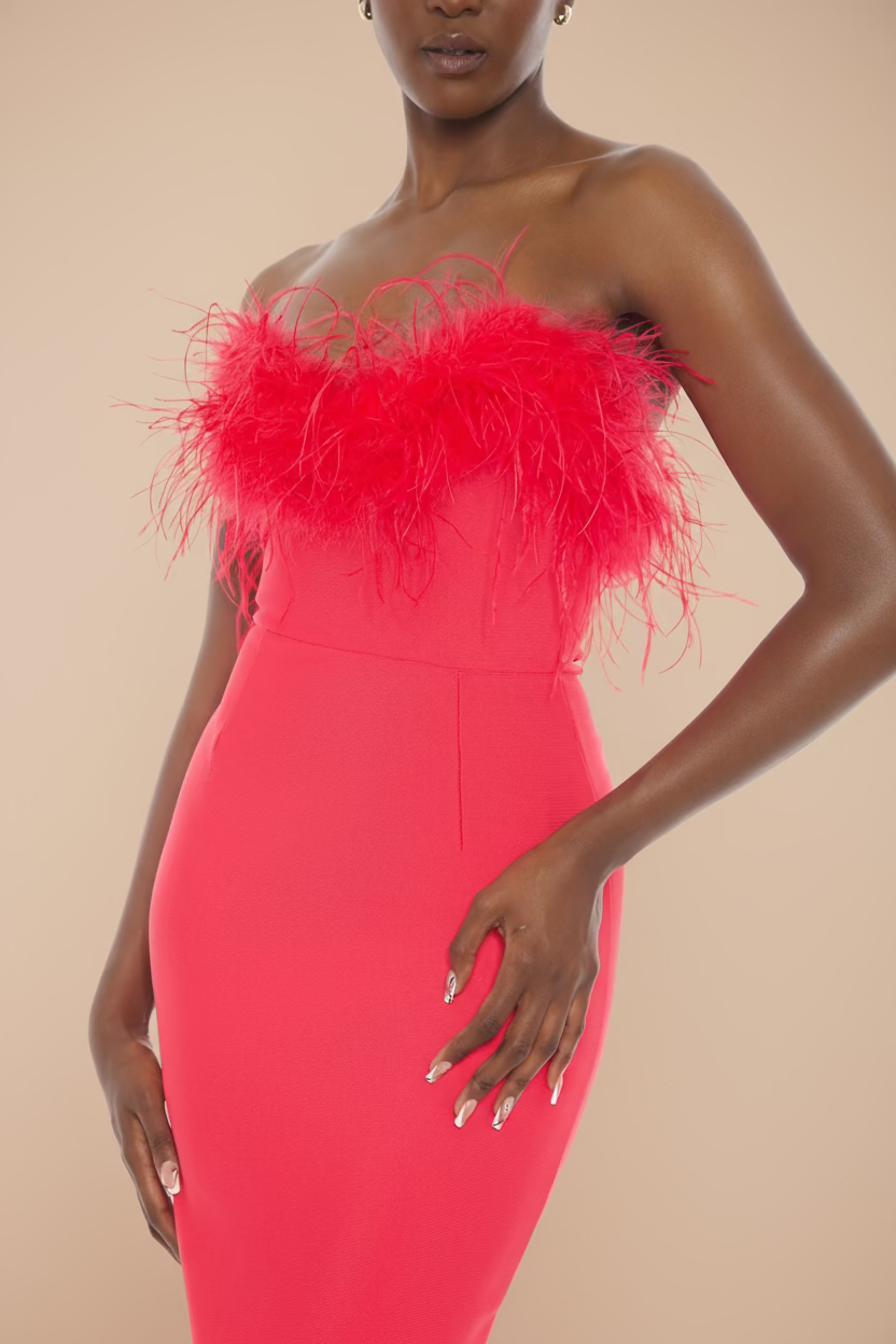 Strapless Feather Midi Dress
