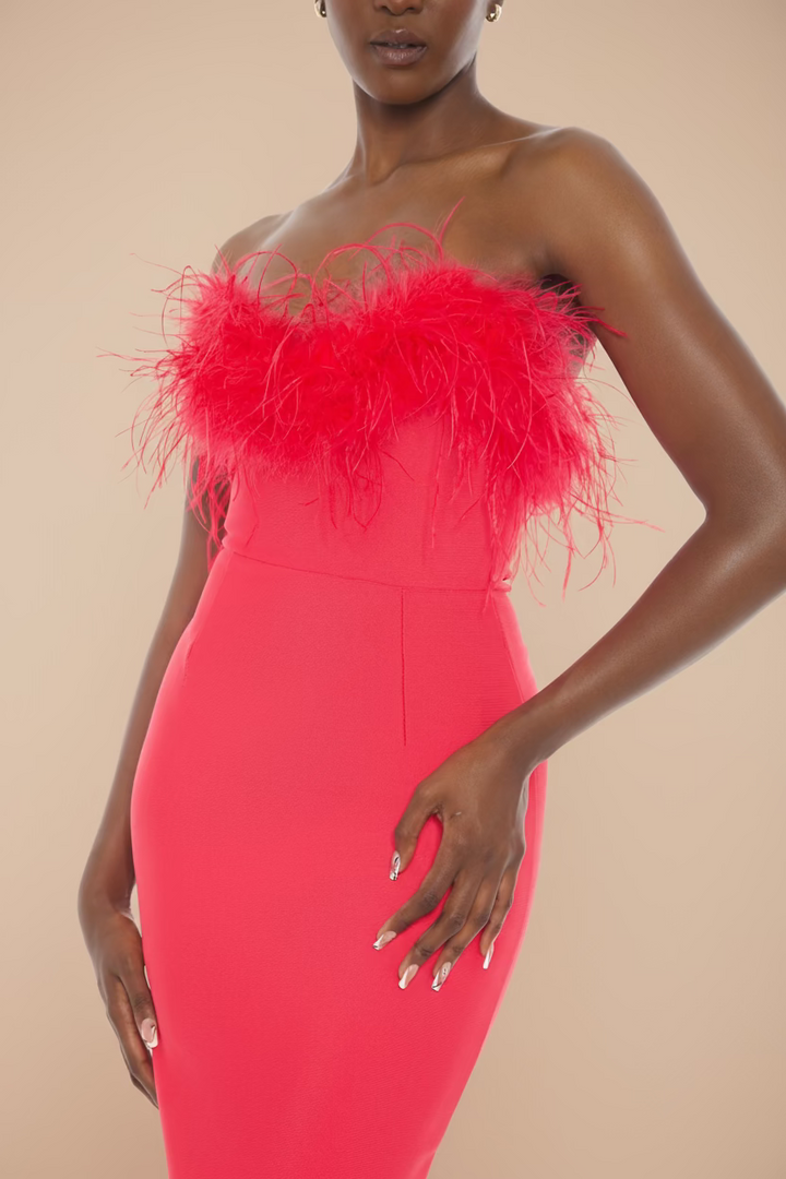 Strapless Feather Midi Dress