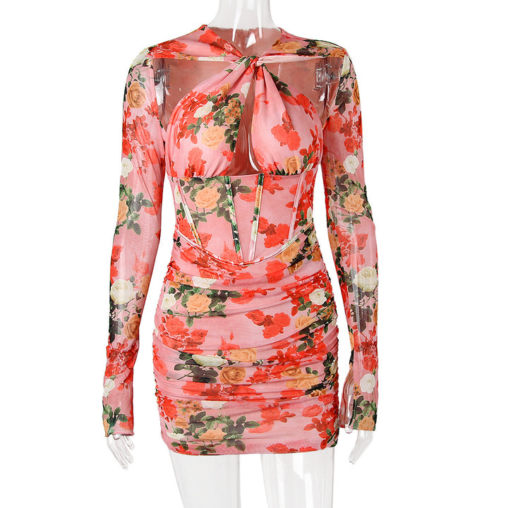Mesh Printed Boning Long Sleeve Dress
