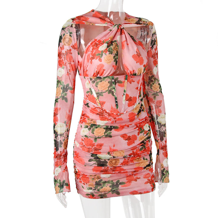 Mesh Printed Boning Long Sleeve Dress