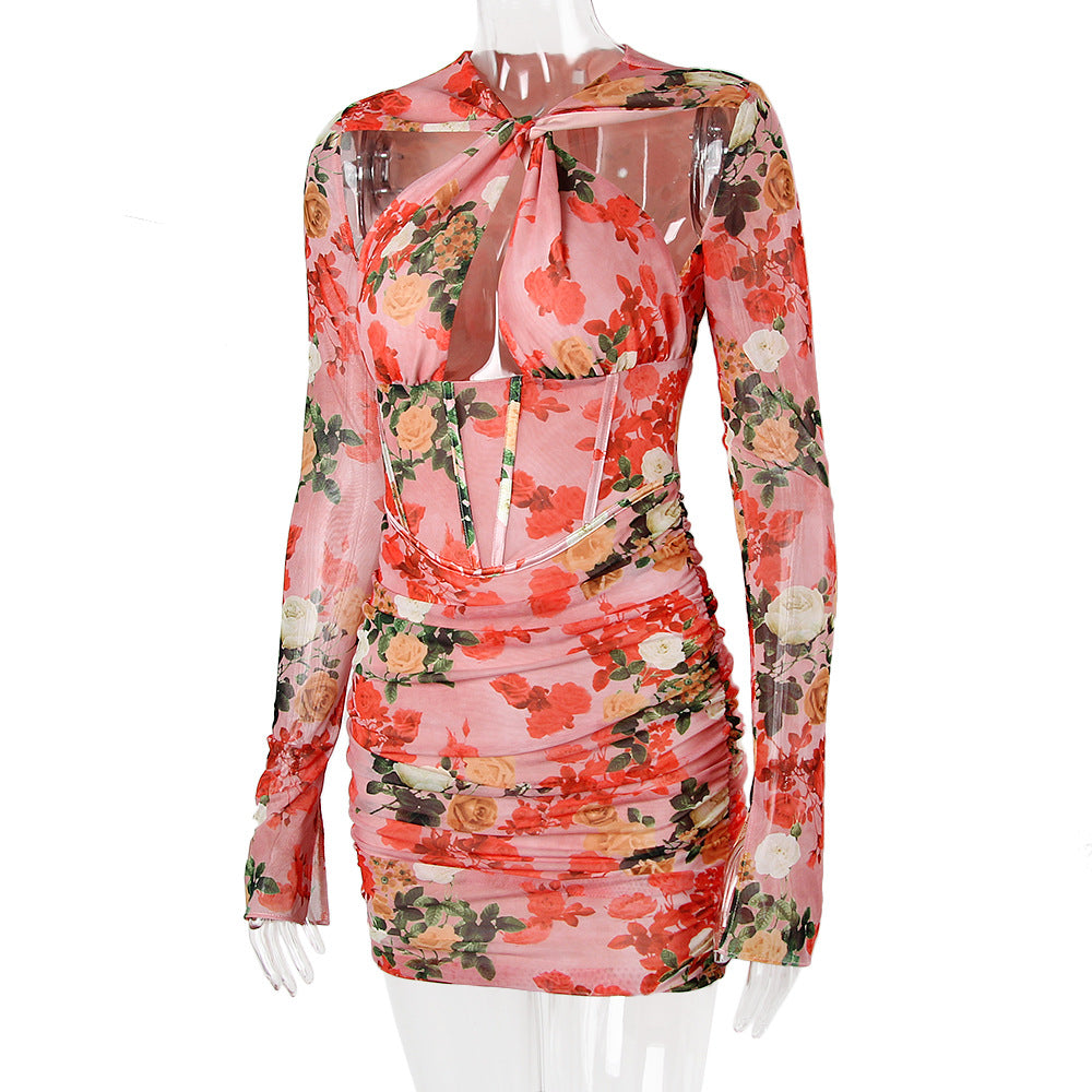 Mesh Printed Boning Long Sleeve Dress