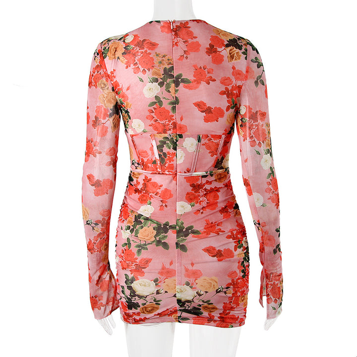 Mesh Printed Boning Long Sleeve Dress