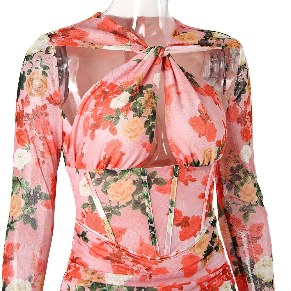 Mesh Printed Boning Long Sleeve Dress