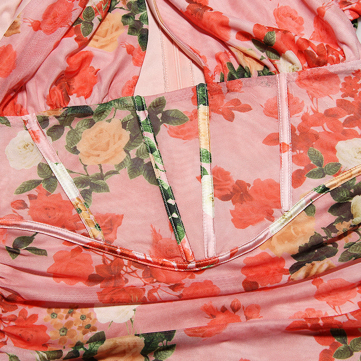 Mesh Printed Boning Long Sleeve Dress