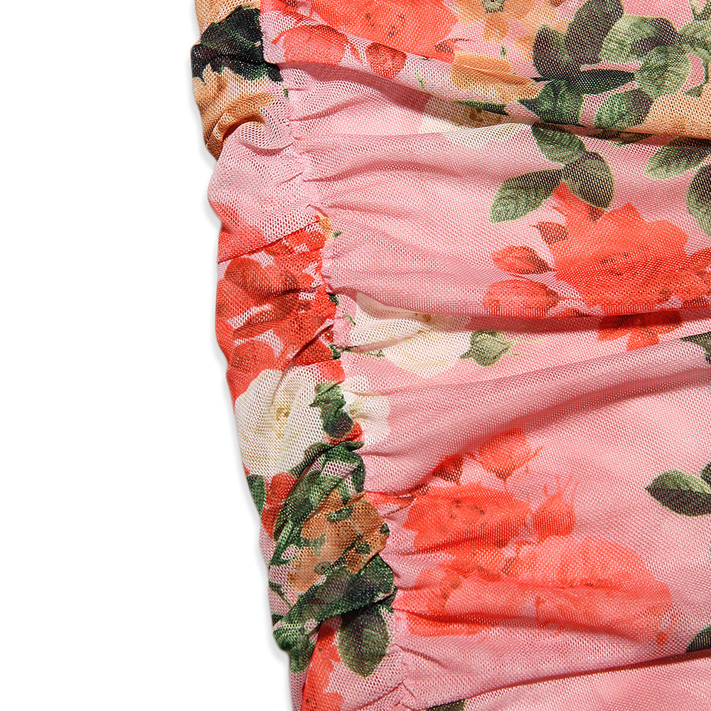 Mesh Printed Boning Long Sleeve Dress