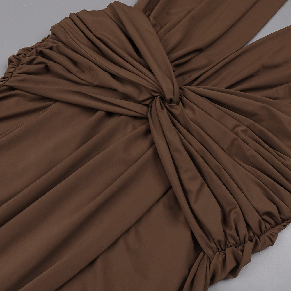 Brown Twisted Pleated Deep V Plunge Dress