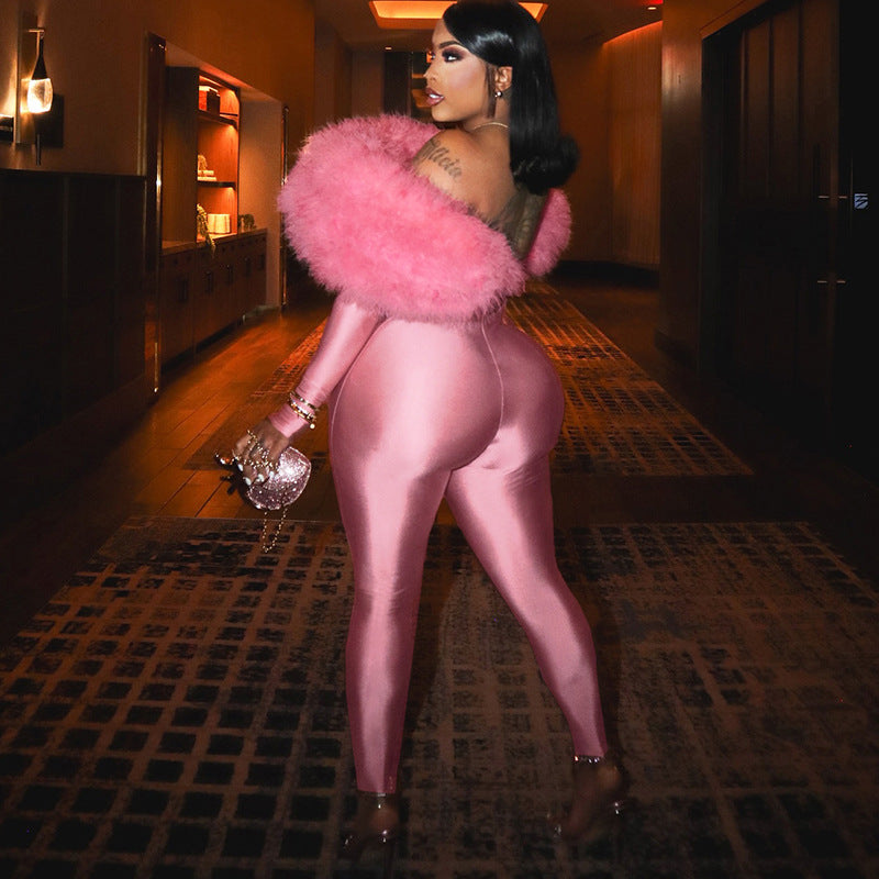 Off Shoulder Furry Jumpsuit