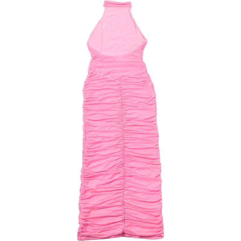 Halter Backless Pleated Mesh Dress