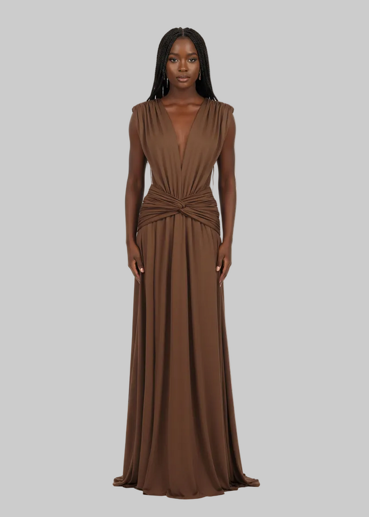 Brown Twisted Pleated Deep V Plunge Dress
