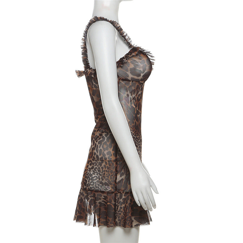 Leopard Print V Neck Sheer Mesh Camisole Sling