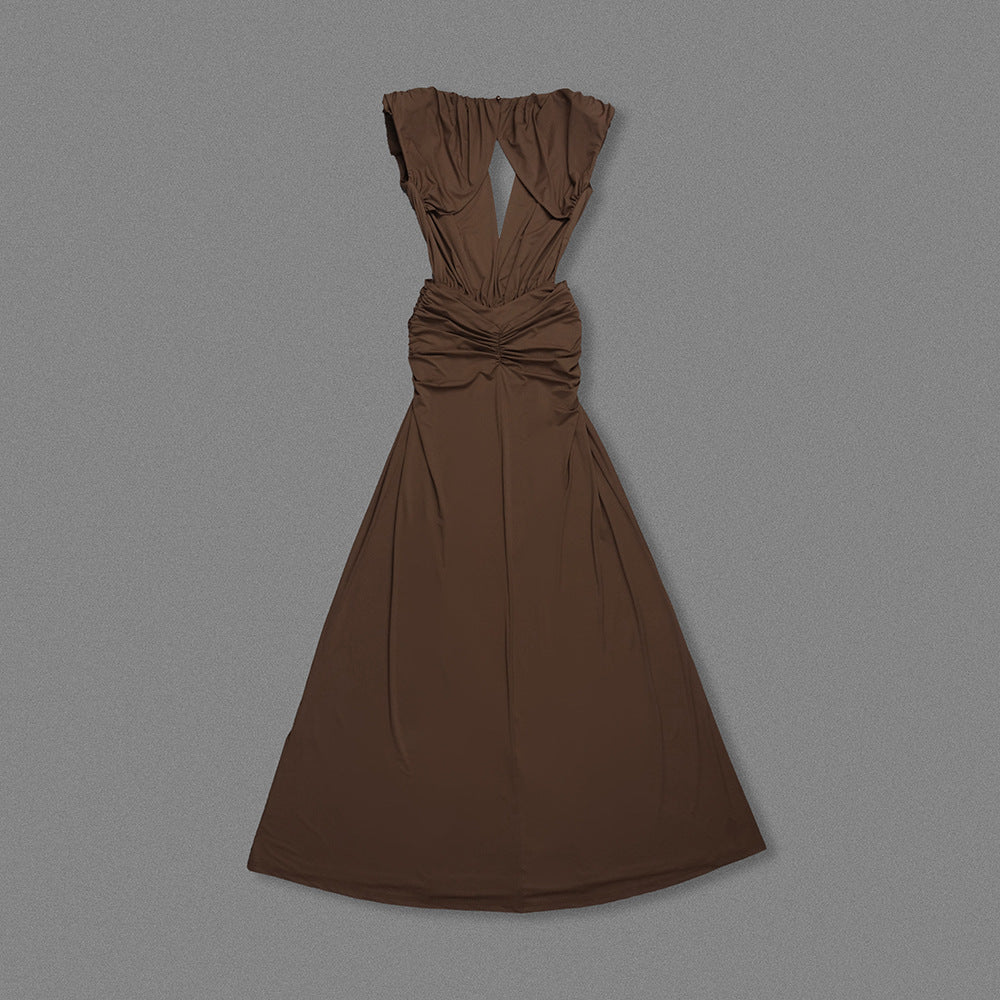 Brown Twisted Pleated Deep V Plunge Dress