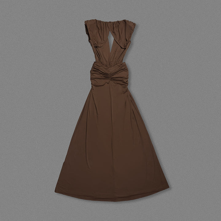 Brown Twisted Pleated Deep V Plunge Dress