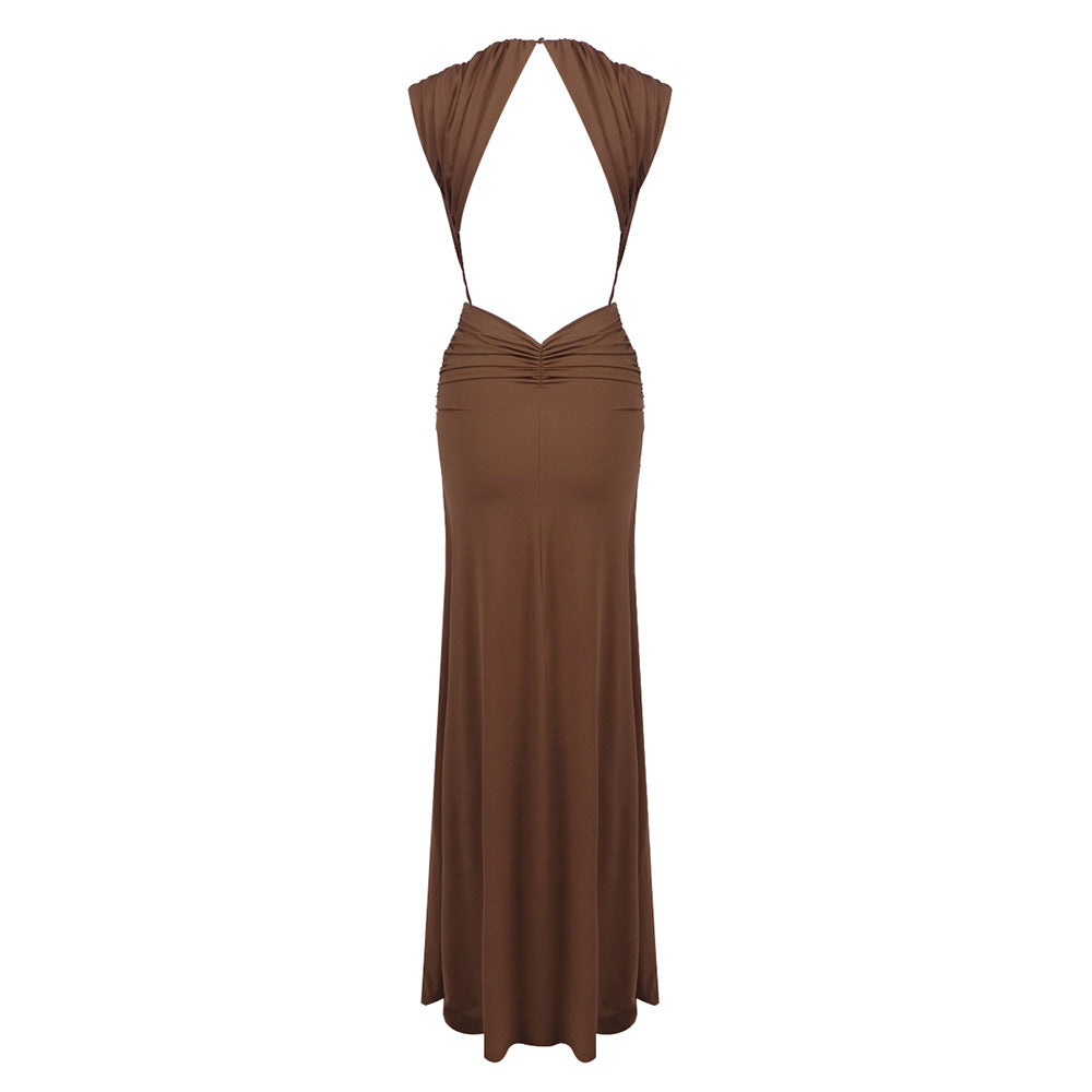 Brown Twisted Pleated Deep V Plunge Dress