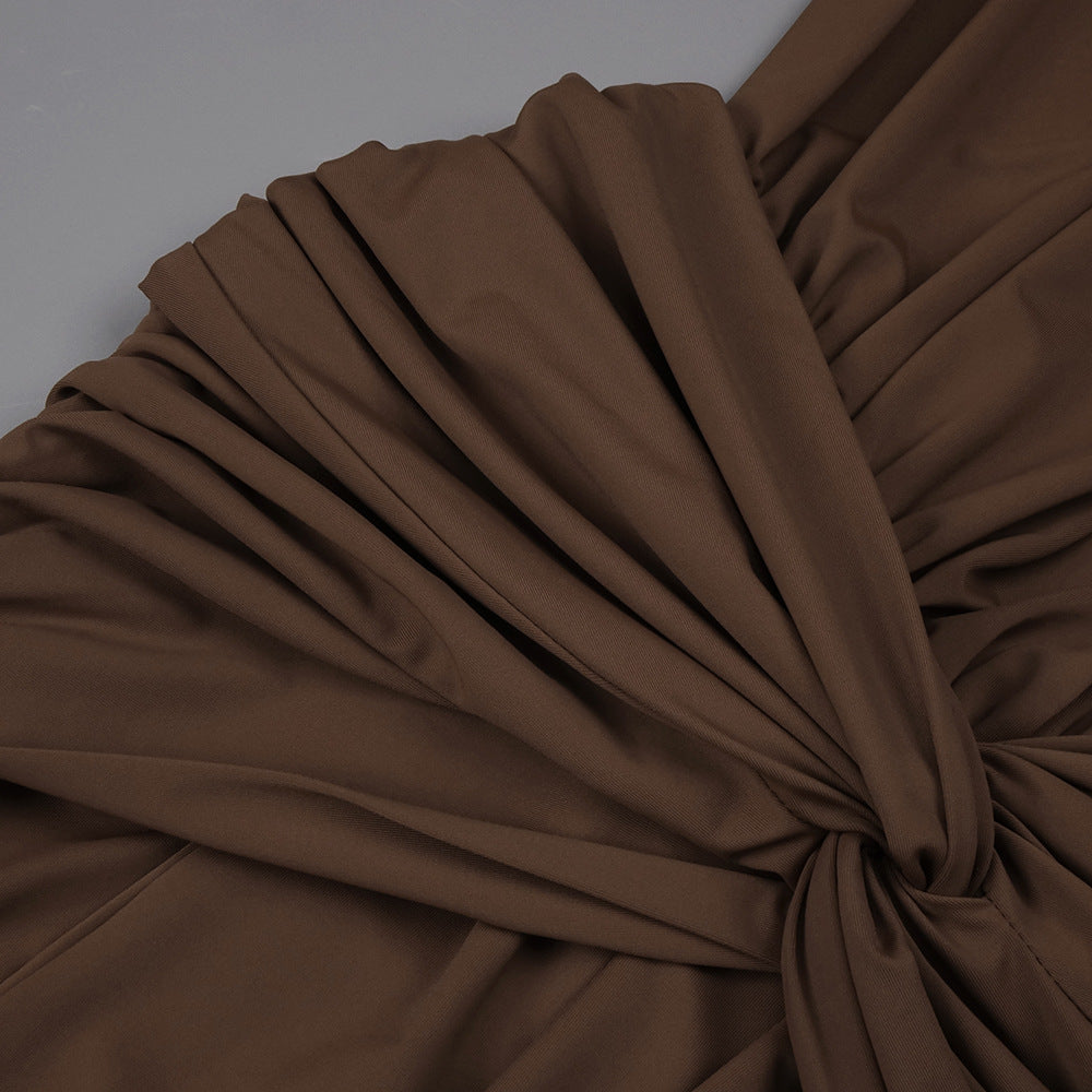 Brown Twisted Pleated Deep V Plunge Dress