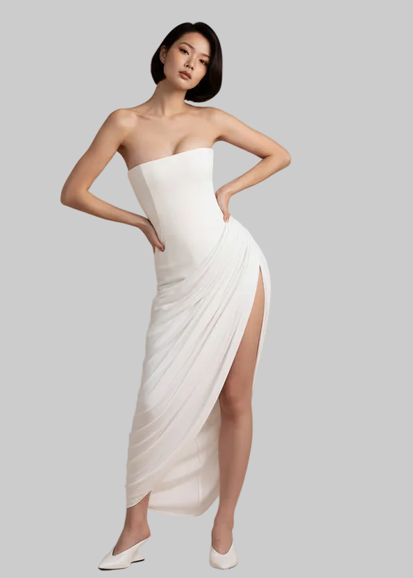 Strapless Twill Pleated Dress