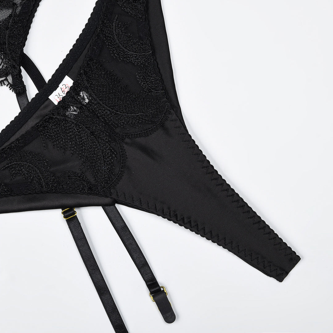 Feather Embroidery Sexy Three Piece Lingerie