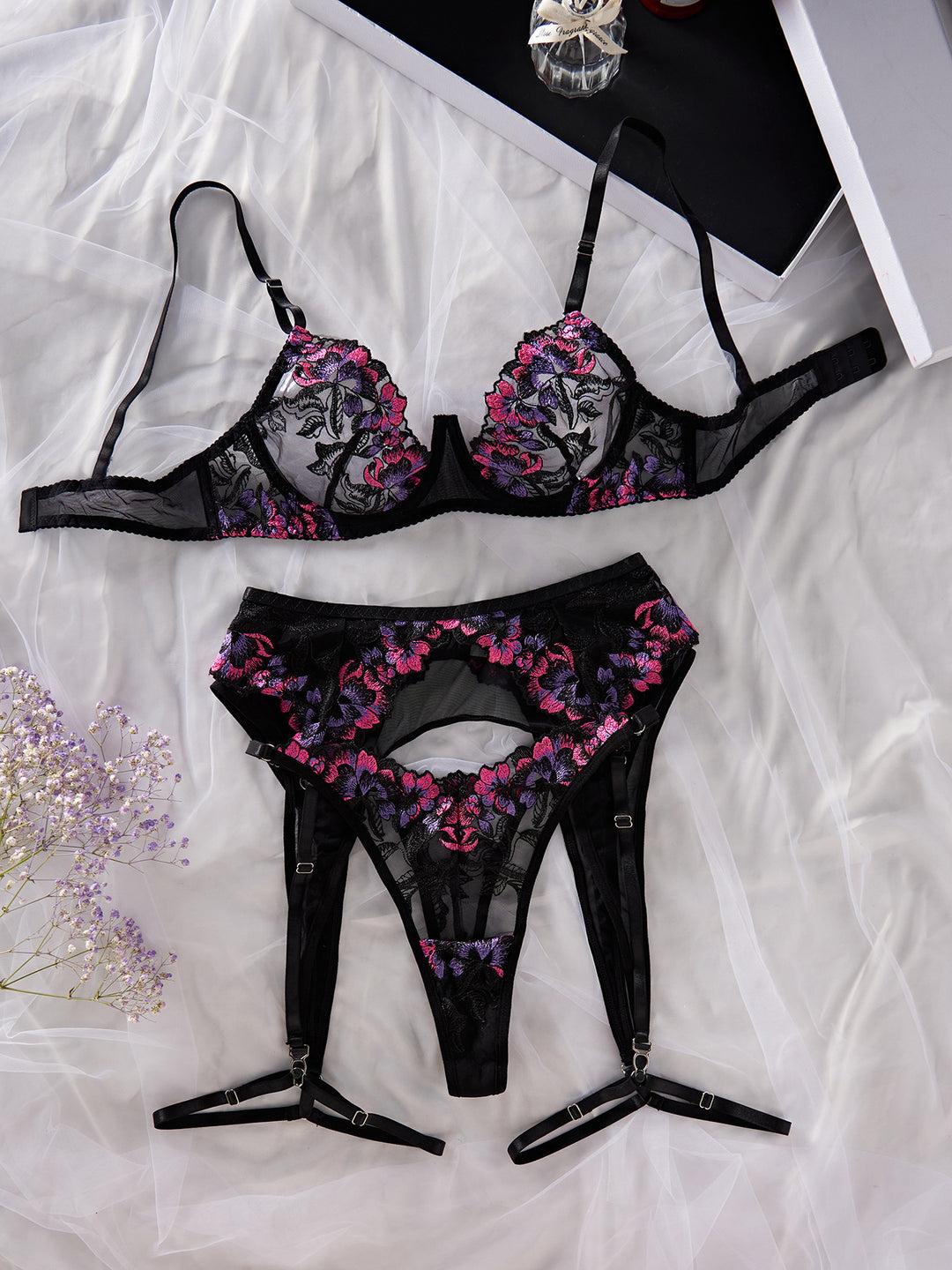 Floral Mesh Four Piece Lingerie