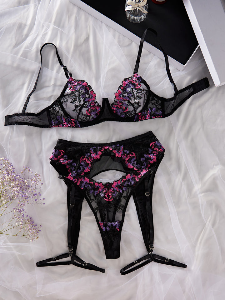 Floral Mesh Four Piece Lingerie