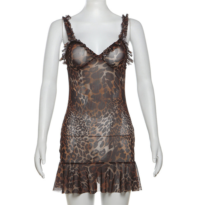 Leopard Print V Neck Sheer Mesh Camisole Sling