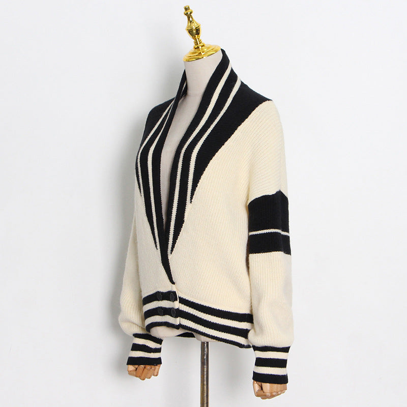 French Ivory and Black Lazy Knitted Cardigan