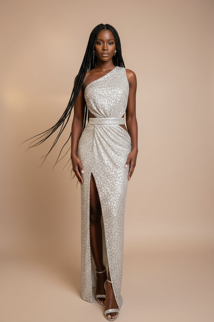 One Shoulder Sequin Slit Dress