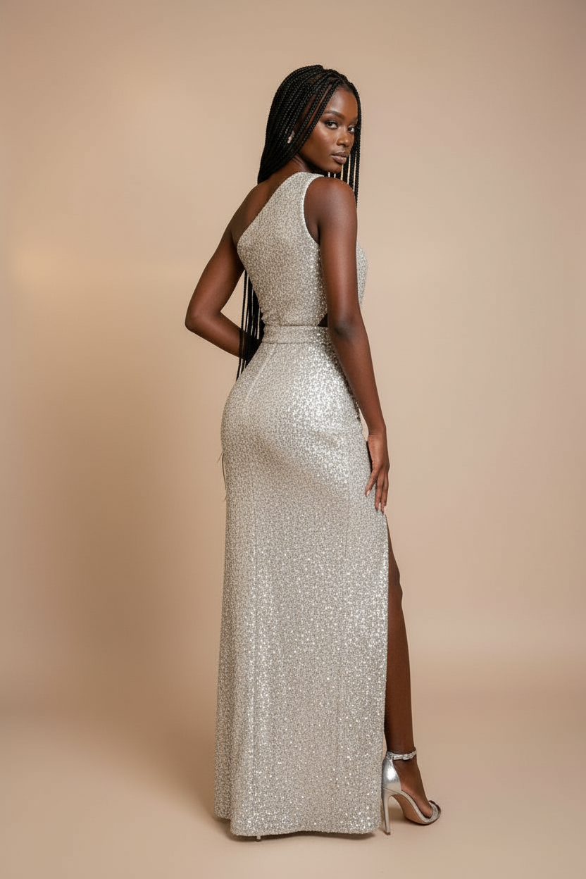 One Shoulder Sequin Slit Dress