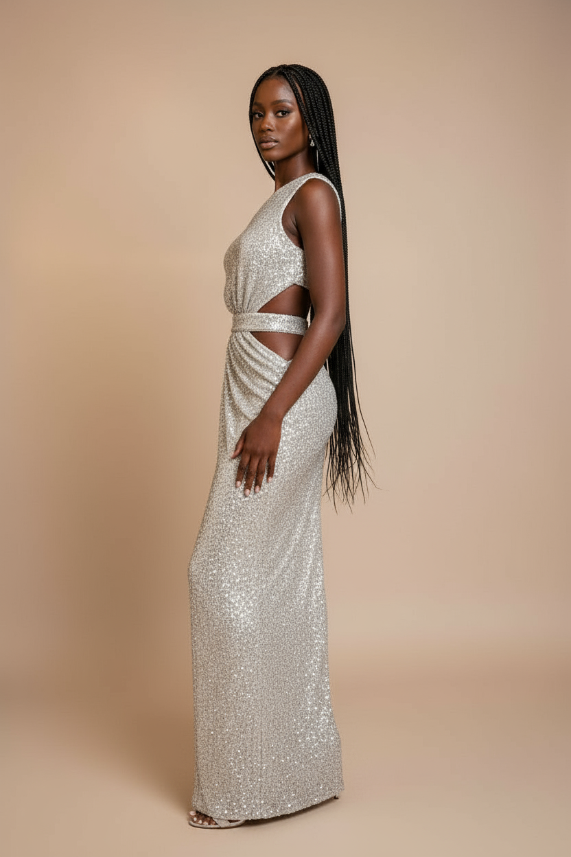 One Shoulder Sequin Slit Dress