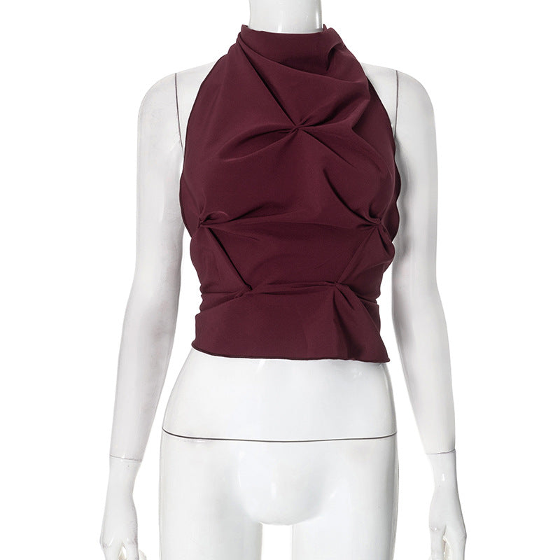 Burgundy Pleated Halter Top