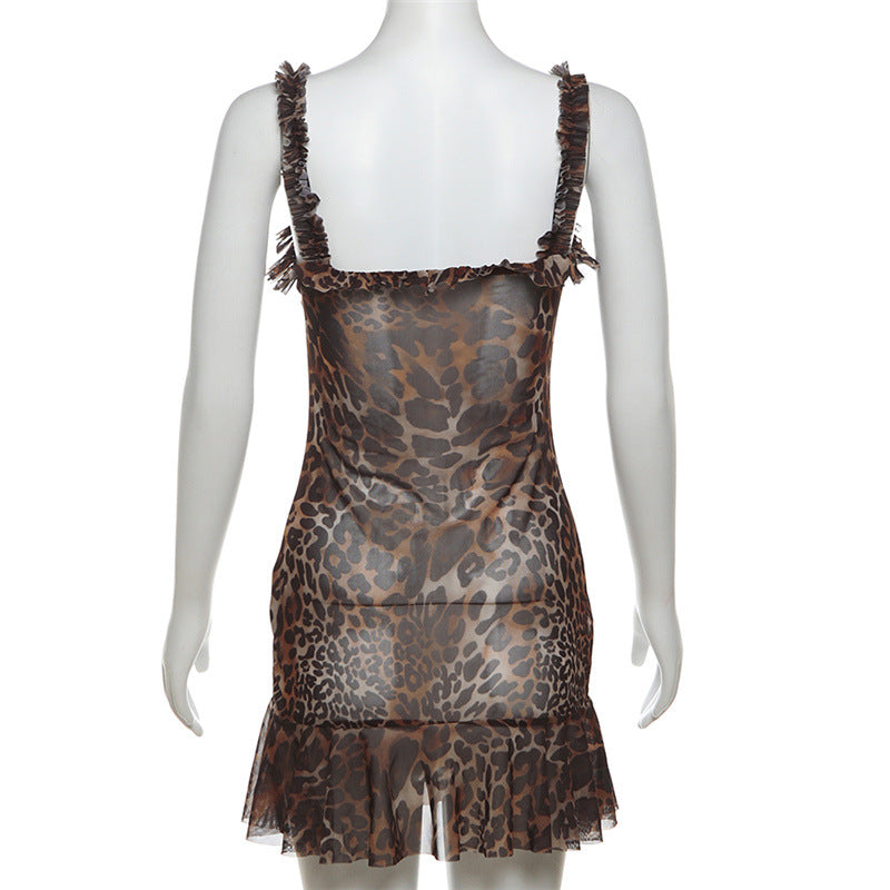 Leopard Print V Neck Sheer Mesh Camisole Sling